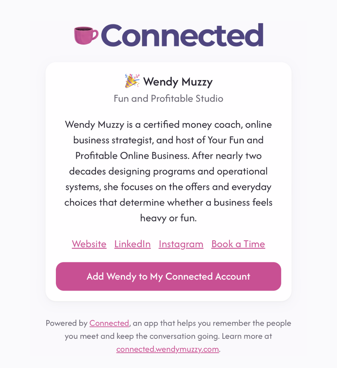 Connected's Share My Card page showing a contact card with an Add to My Connected Account button