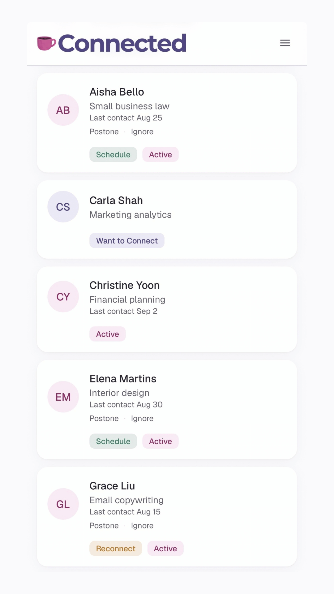 Connected contacts list showing circle tags like Monthly and Quarterly, and status actions like Reconnect and Schedule