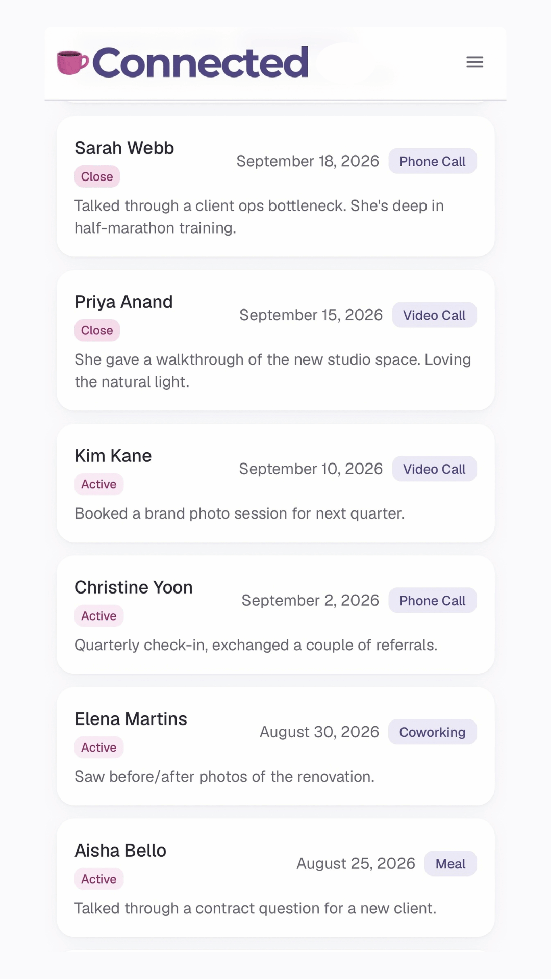 Connected's Conversations list with search, meeting-type and date filters, and an AI-written recap of a coffee chat with Leah Kim