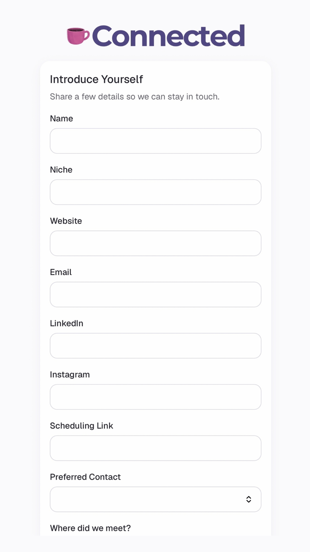 Connected's public Introduce Yourself form with fields for Name, Niche, Website, and Email