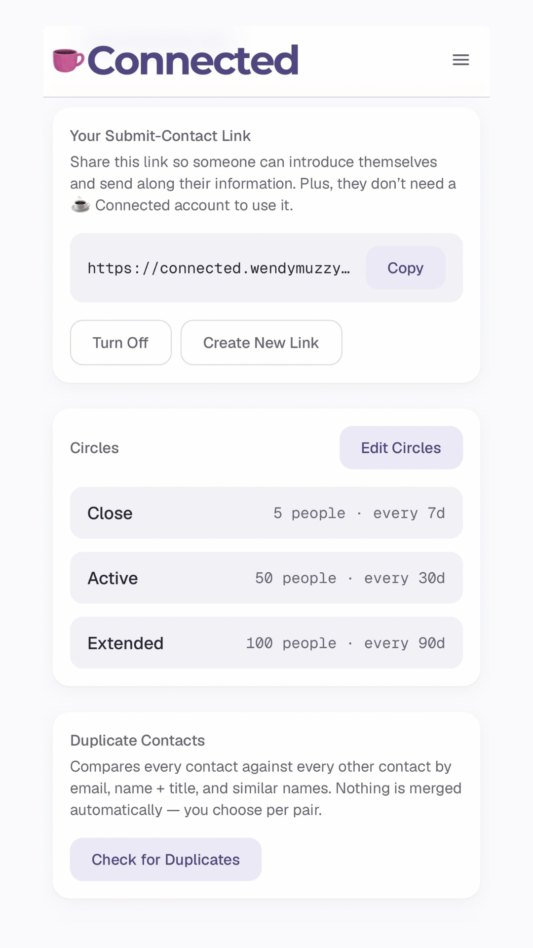 Connected settings showing Circles with custom cadences for Core, Monthly, and Quarterly, and a Duplicate Contacts check tied to your own Airtable base